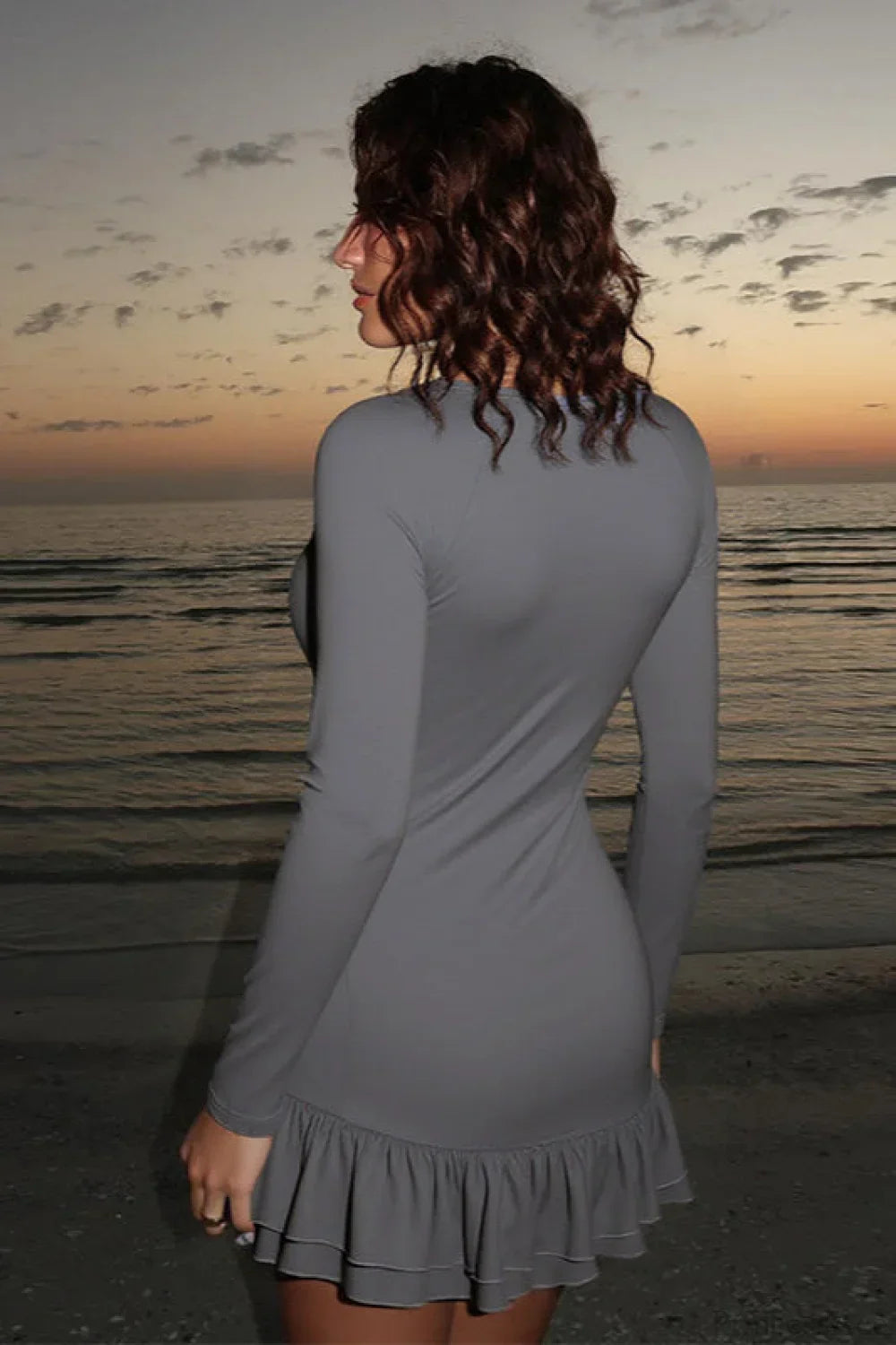 Deep V-Neck Grommet Eyelet Long Sleeve Tiered Ruffle Hem Bodycon Mini Dress