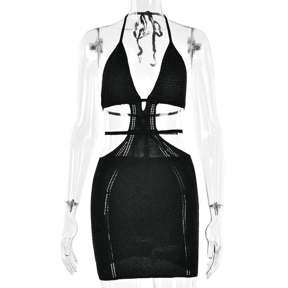 Ootddress Hollow Out Halter Sexy Mini Dress Women Summer New Sleeveless Backless Skinny Club Party Knit Tank Dress Vestido