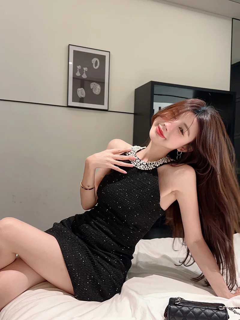 Sexy Halter Mini Dress Women Sleeveless Rhinestone Patchwork Shiny Slim Fashion Backless Evening Party Dresses Club Prom Vestido