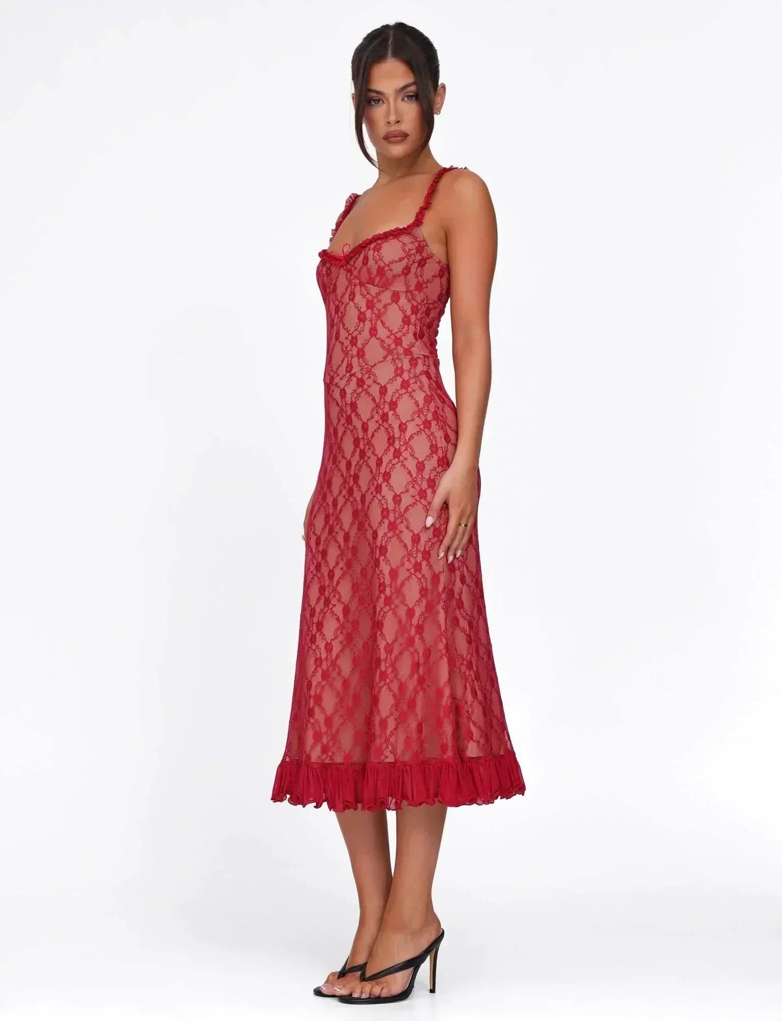 Floral Lace Ruffled Sweetheart Neckline Ruffle Strap Bodycon Midi Dress