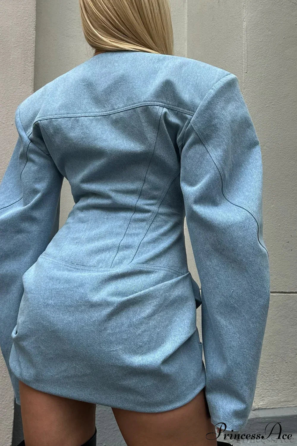 Padded Shoulder Button Front Corset Panel Denim Mini Shirt Dress