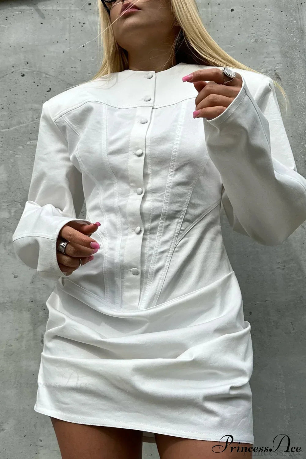 Padded Shoulder Button Front Corset Panel Denim Mini Shirt Dress