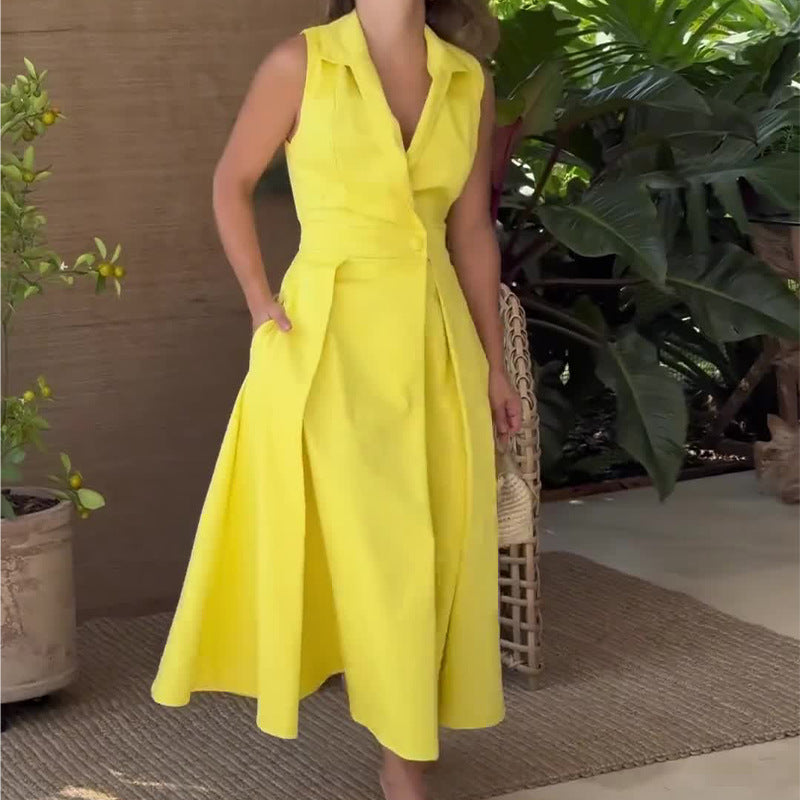 Sleeveless Notched Lapel Wrap Button Waist Pleated Pocket Maxi Dress