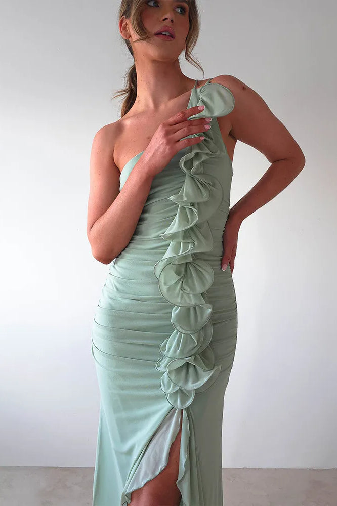 One Shoulder Ruched Vertical Ruffle Front High Split Midi Dress