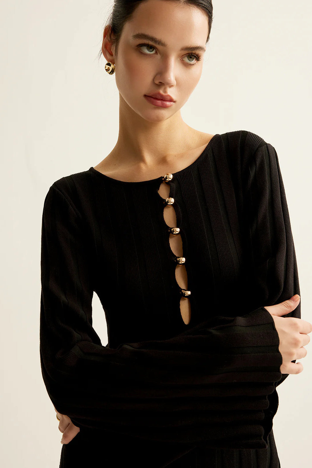 Black V-Neck Button Front Sweater Dress
