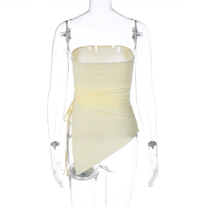 Ootddress Pleated Bandage Tube Tops See-Through Fashion For Women Bandeau Lace-Up Sheer Tank Top Backless Casual Solid Y2k Top Vest