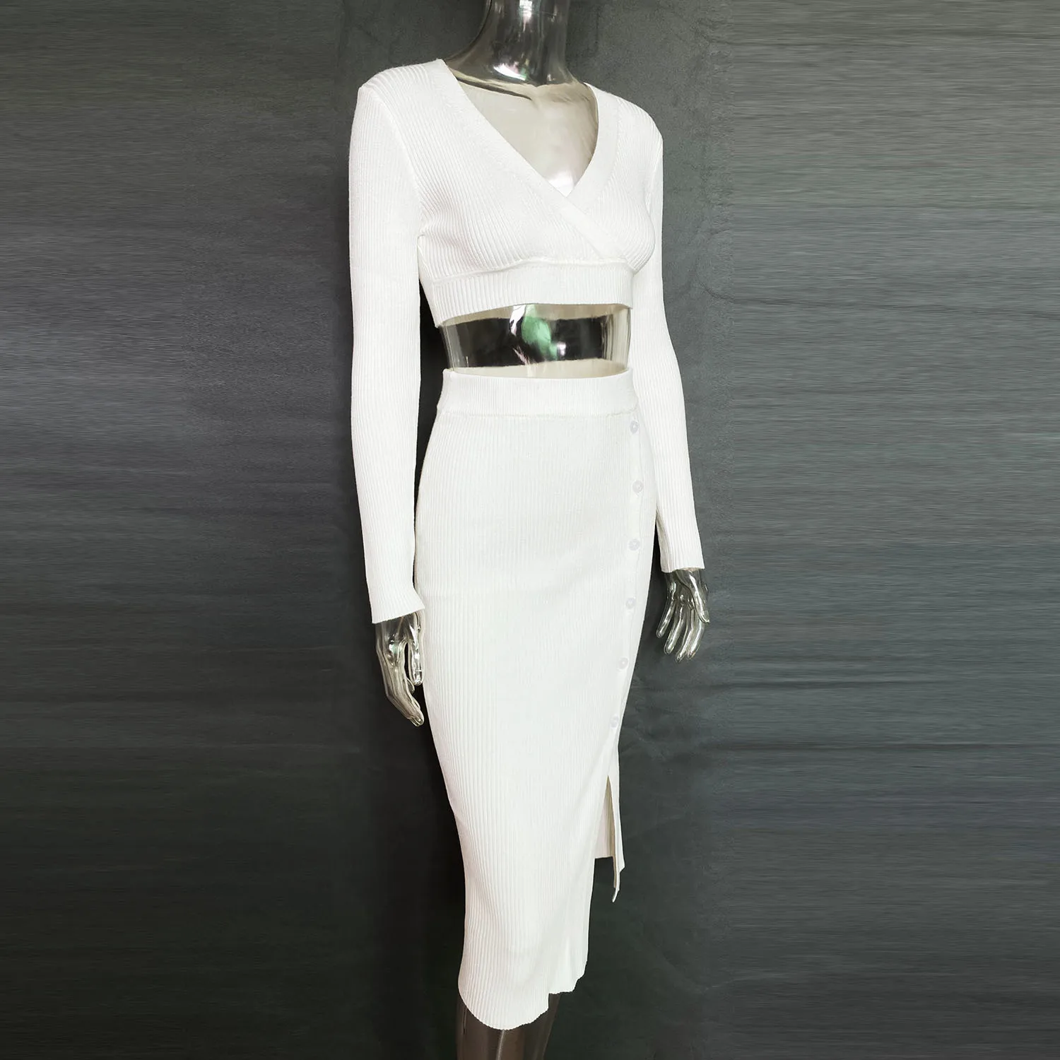 Ootddress V-Neck Crop Top ANd Midi Skirt Sets Autumn Wrap Slim Bodycon Casual 2 Piece Sets Dress Outfits Women's Knitted Suit 2025