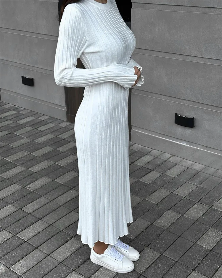 Ootddress Black Autumn Knitwear Maxi Dress Women's Ribbed Loose Patchwork Fashion High Waist Solid Dress Femal Bodycon Knit Dress