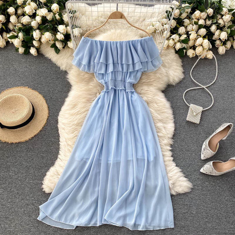 Women Chiffon Beach Dress Sexy Double Layer Ruffled Off The Shoulder Boho Dresses Ladies Sweet Slash Neck Long Dress 15 Women Chiffon Beach Dress Sexy Double Layer Ruffled Off The Shoulder Boho Dresses Ladies Sweet Slash Neck Long Dress