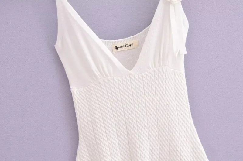 Ootddress Ruffle Knitted Dress For Women Sleeveless V Neck Slim Splice Flower Sundress Ladies Casual Fashion Y2k Solid Dress Woman