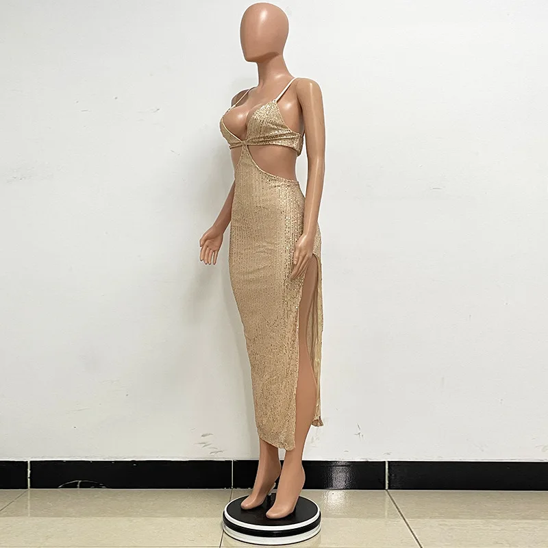 Sexy Hollow High Waist Slit Evening Dress Fashion Sequined Backless Sleeveless Elegant Party Dresses Solid Long Graduation Dress 138 undefined