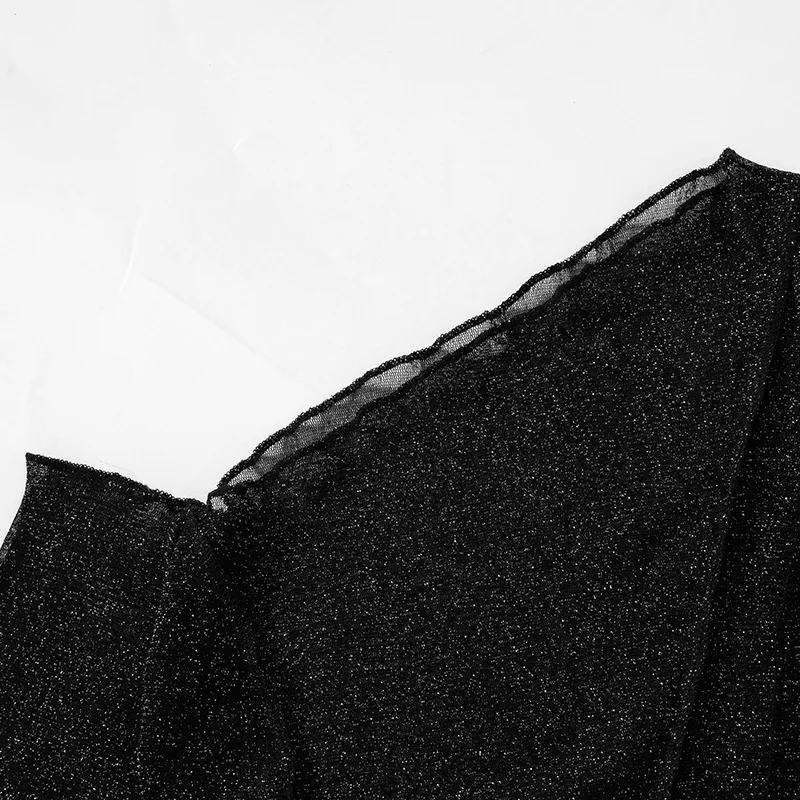 Ootddress Sheer Mesh Crop Top Tee Summer See-Through Streetwear One-Shoulder Tops For Women Slim Cropped Mesh Lace Black T-Shirt