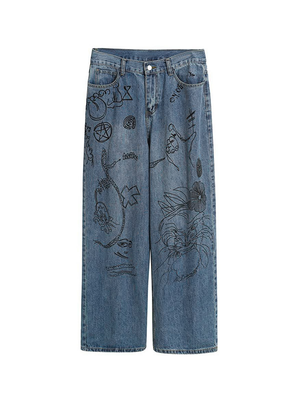 Interesting Graffiti Print Loose Boyfriend Jeans