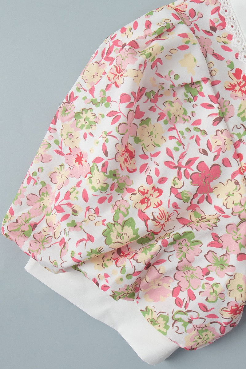 Floral Peter Pan Collar Puff Sleeve Button Front Layered Hem Fit and Flare Mini Dress