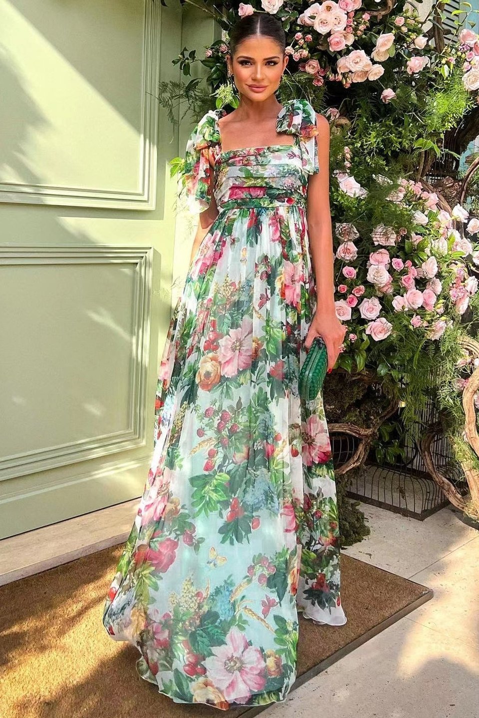 Floral Print Bow Shoulder Strap Tie Back Open Back Maxi Dress