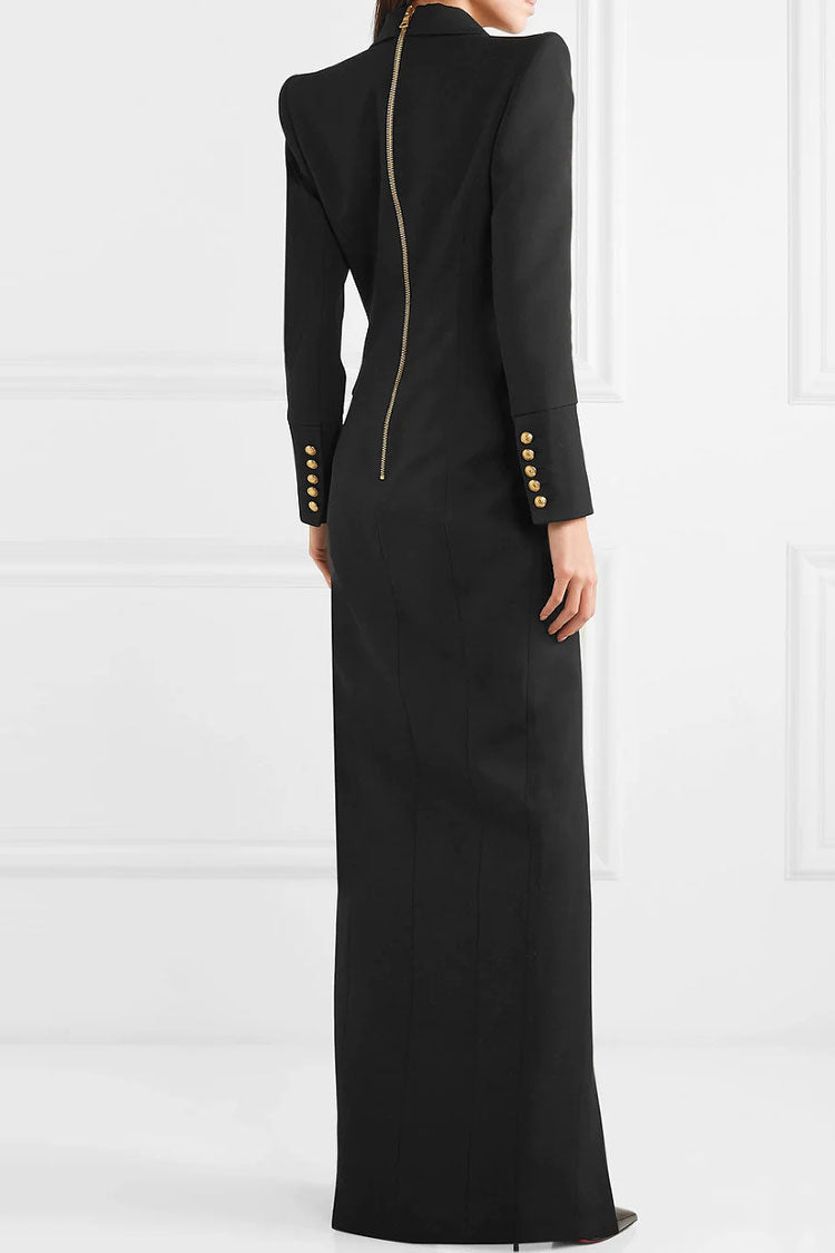 Peak Lapel Double-Breasted Front Slit Blazer Maxi Gown