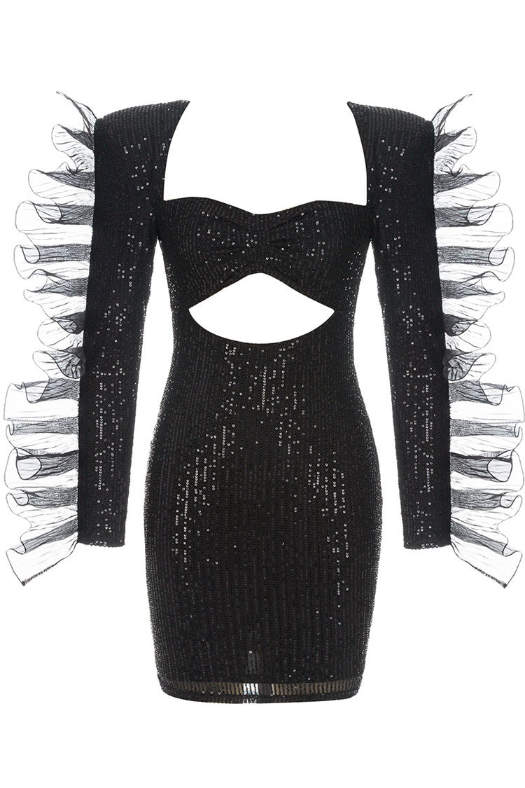 Sequin Sweetheart Cutout Long Sleeve Pleated Shoulder Ruffle Mini Dress