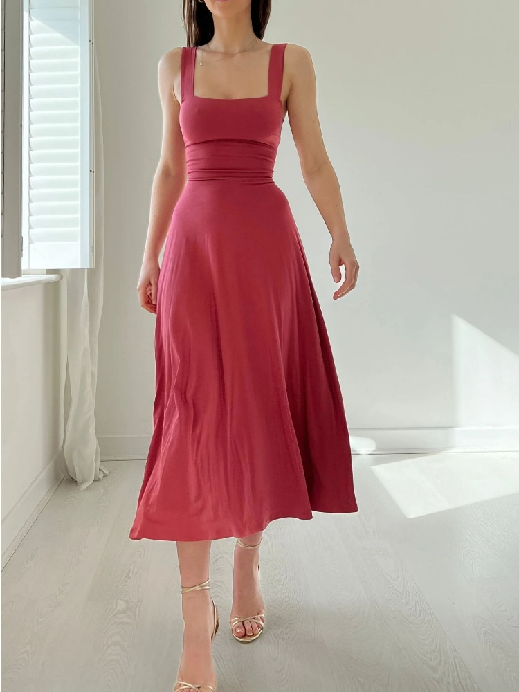 Scoop Neck Tank Strap Fitted Waist Flared A-Line Maxi Dress