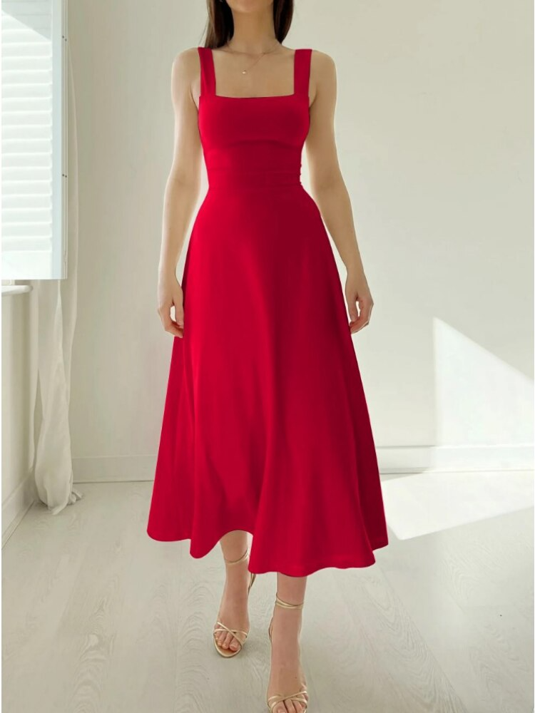 Scoop Neck Tank Strap Fitted Waist Flared A-Line Maxi Dress