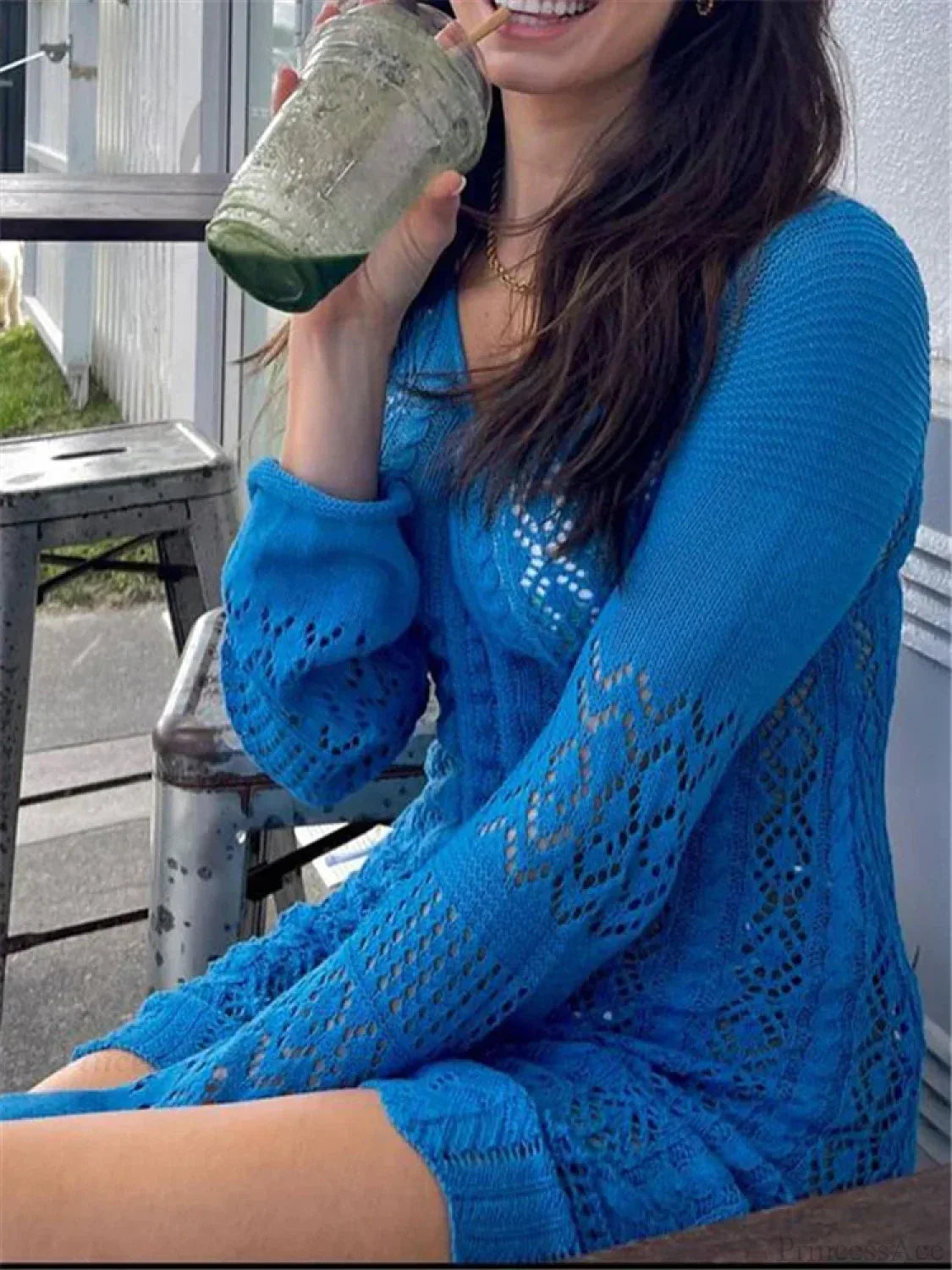 Deep V-Neck Long Sleeve Crochet Knit Drawstring Ruched Beach Mini Dress