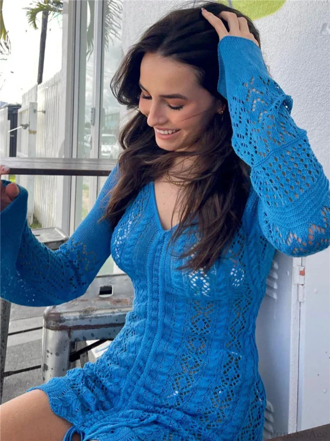 Deep V-Neck Long Sleeve Crochet Knit Drawstring Ruched Beach Mini Dress