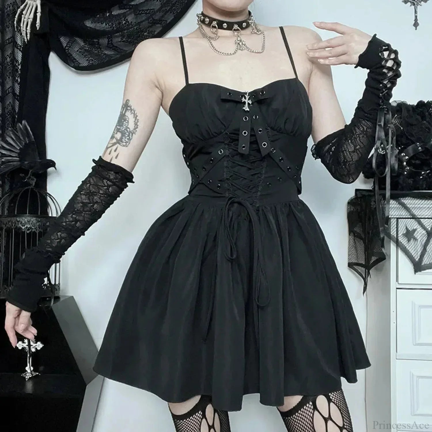 Gothic Corset Lace-Up Grommet Sweetheart Flared Mini Dress