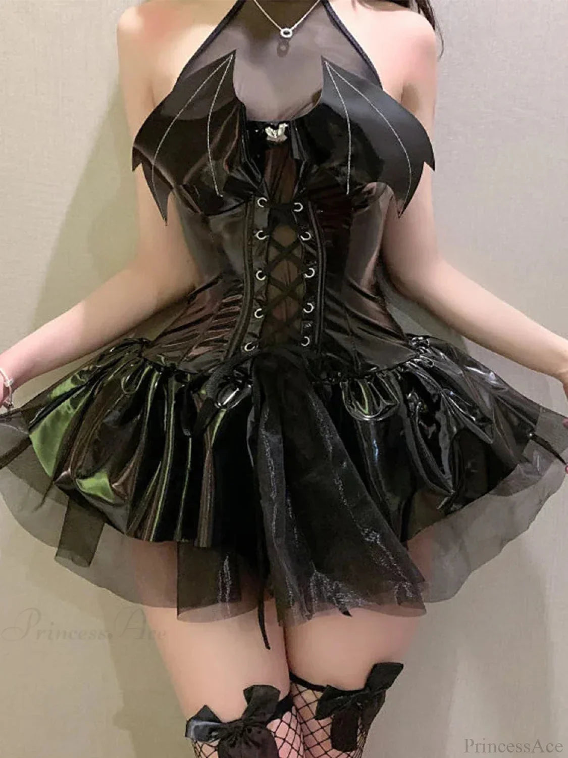 Bat-Wing Lace-Up Vinyl Corset Ruffle Skirt Set
