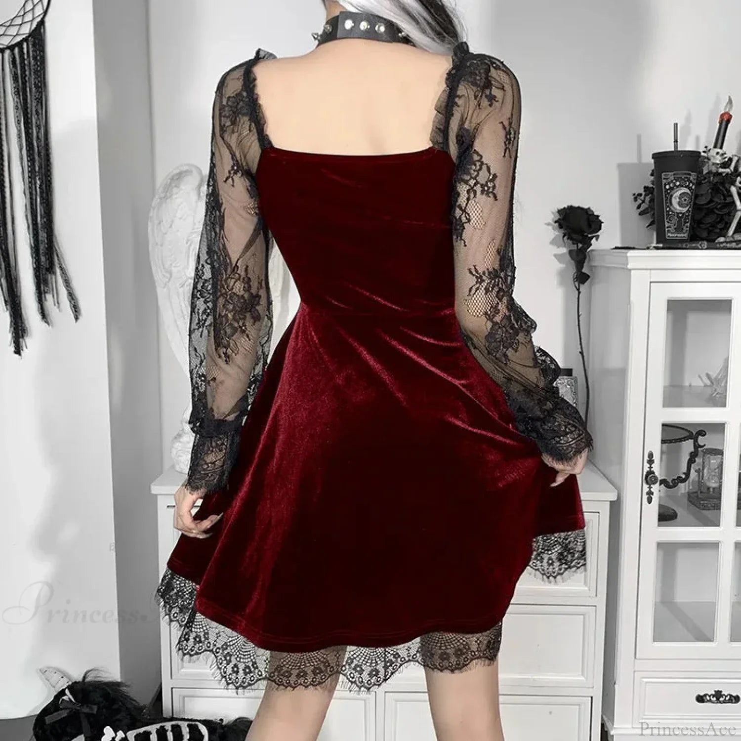 Velvet Sweetheart Lace Sleeve Crescent Charm Scalloped Lace Hem Mini Dress