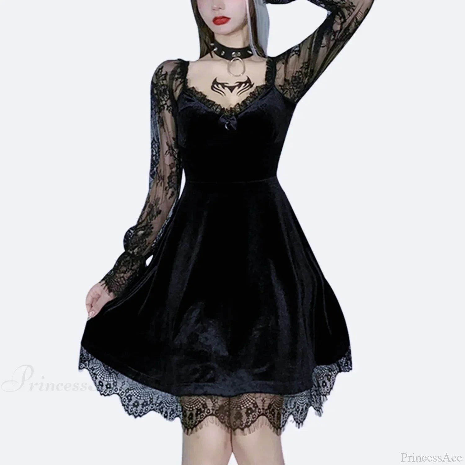Velvet Sweetheart Lace Sleeve Crescent Charm Scalloped Lace Hem Mini Dress