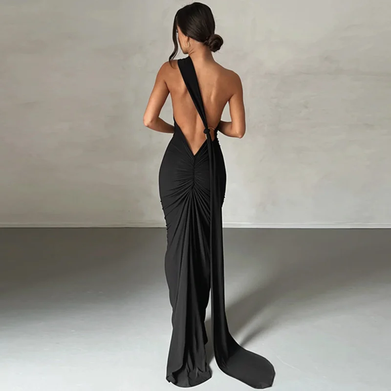 Ootddress Oblique Shoulder Backless Maxi Dress For Women Gown Summer Back Strap Sleeveless Ruched Party Sexy Long Dress Vestidos