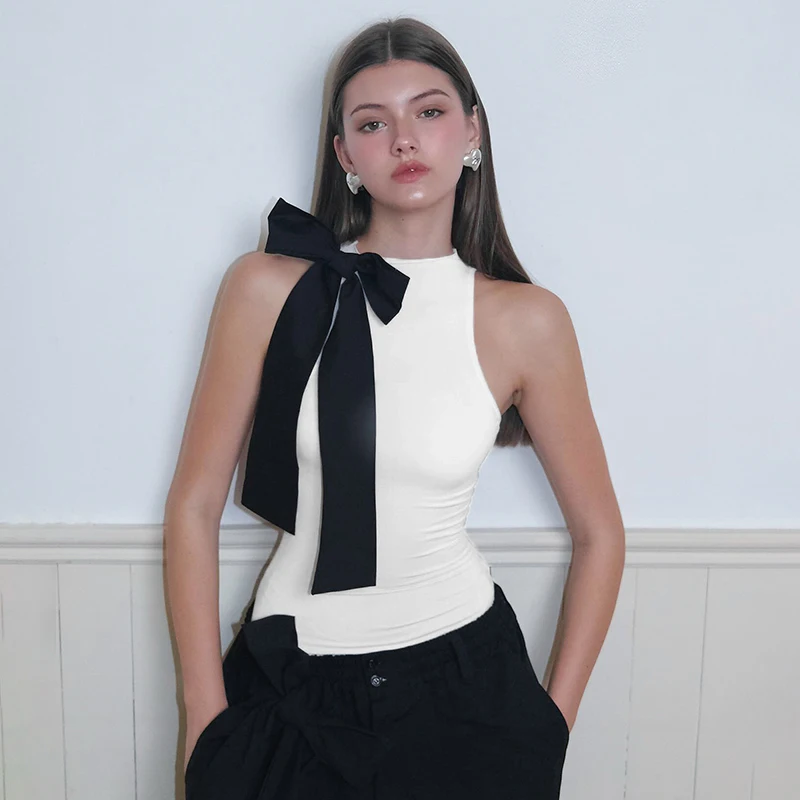 Fashion Slim Fit Sleeveless High Neck One Line Shoulder Bow Bodysuit - Women's Sexy Versatile Pullover