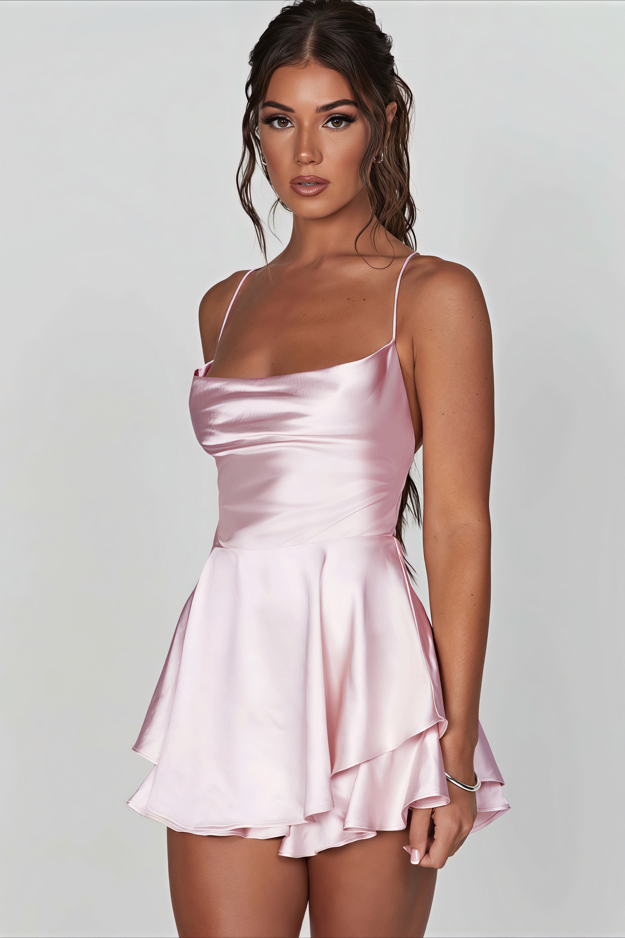 Satin Cowl Neck Spaghetti Strap Tiered Ruffle Hem Cami Mini Dress