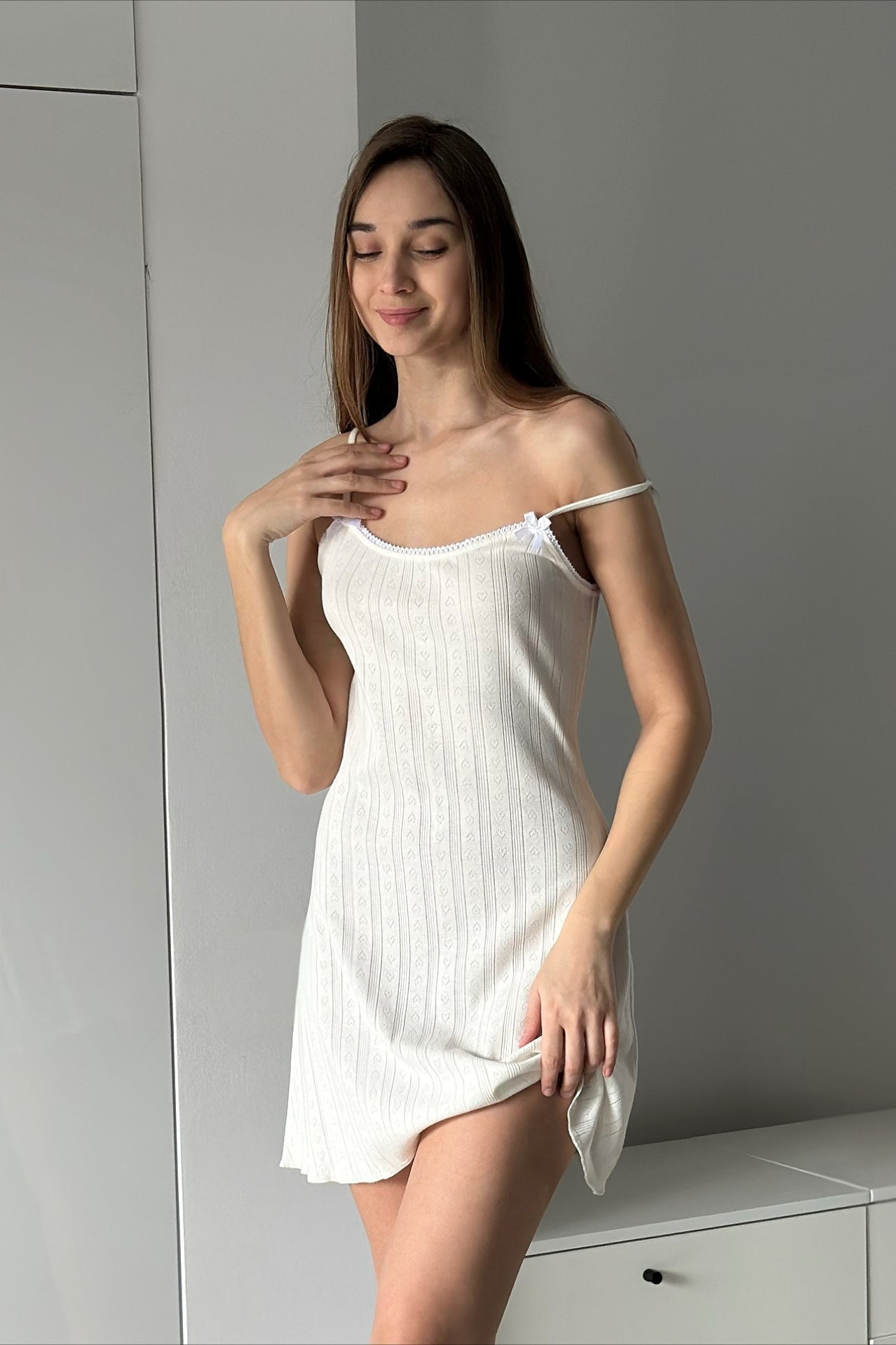 Pointelle Heart Knit Scalloped Lace Trim Bow Spaghetti Strap Mini Dress