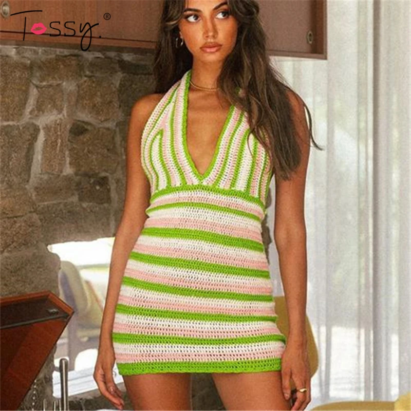 Ootddress Summer Knit Backless Dress Women Beach Holiday Partywear Sexy Halter Bodycon Slim V-Neck Sleeveless Mini Dresses 2025 Hot 48 Ootddress Summer Knit Backless Dress Women Beach Holiday Partywear Sexy Halter Bodycon Slim V-Neck Sleeveless Mini Dresses 2025 Hot