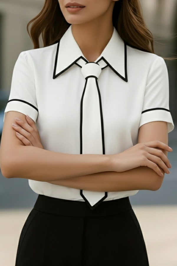 Stylish Color-blocked Trim Collared Short-sleeved Casual Shirt