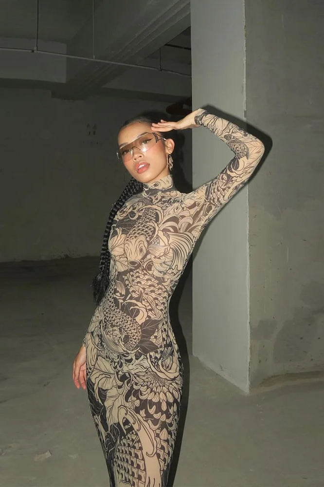 Mock Neck Long Sleeve Koi Fish Tattoo Print Mesh Bodycon Maxi Dress