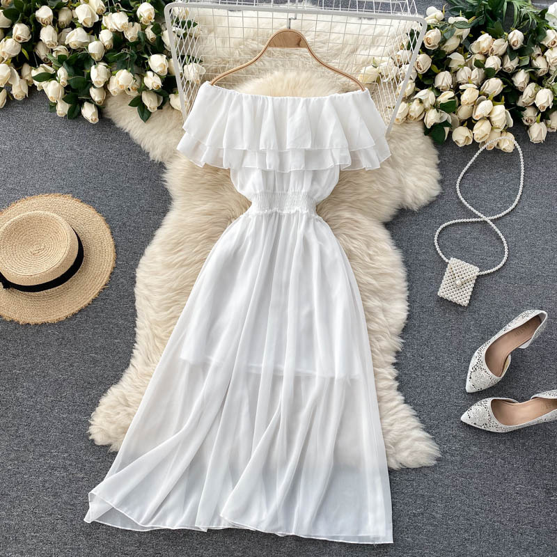 Women Chiffon Beach Dress Sexy Double Layer Ruffled Off The Shoulder Boho Dresses Ladies Sweet Slash Neck Long Dress 12 Women Chiffon Beach Dress Sexy Double Layer Ruffled Off The Shoulder Boho Dresses Ladies Sweet Slash Neck Long Dress