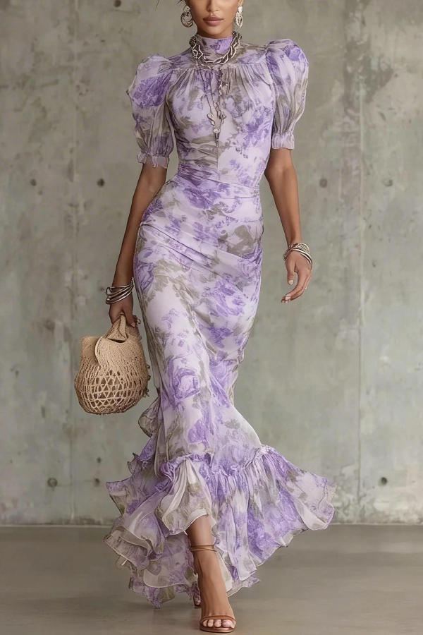 Unique Print Stand Collar Puff Sleeve Slim Fit Ruffle Maxi Dress