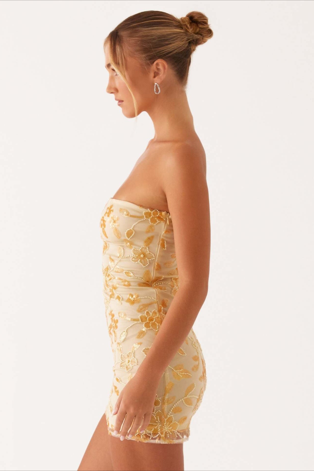 Strapless Sequin Floral Embroidered Mesh Bodycon Mini Dress
