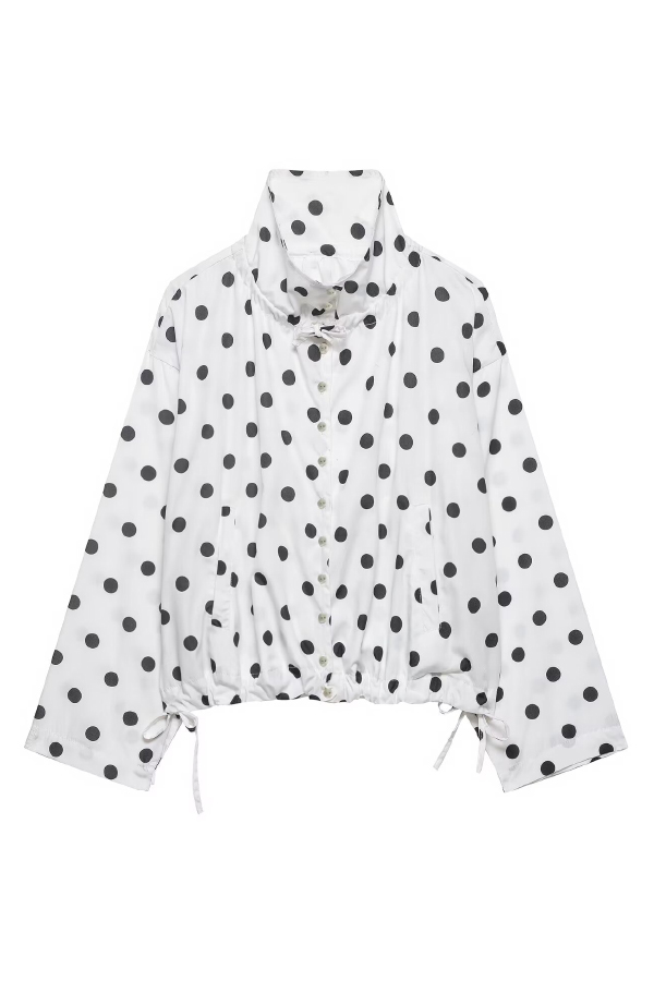 Polka Dot Print Loose Stand Collar Button Bow Tie Casual Long-sleeved Jacket
