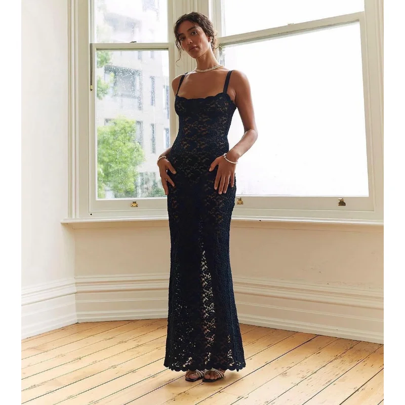 Ootddress Lace Black Dress Female Slim Hollow Out Spaghetti Backless Dress Elegant Party Evening Gown Split Women Maxi Dress Summer