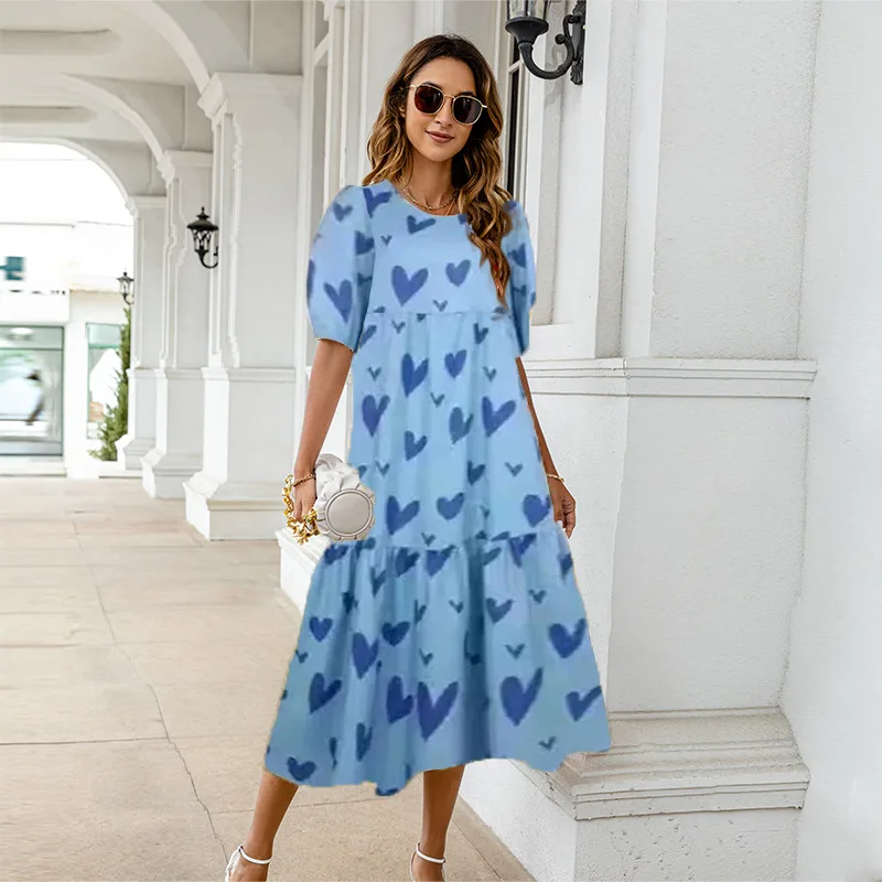 2025 Summer New Women's Print Dress Puff Short Sleeves Ruffles Loose A-line Midi Dresses Fashion Casual Beach Vacation Vestidos 9 undefined