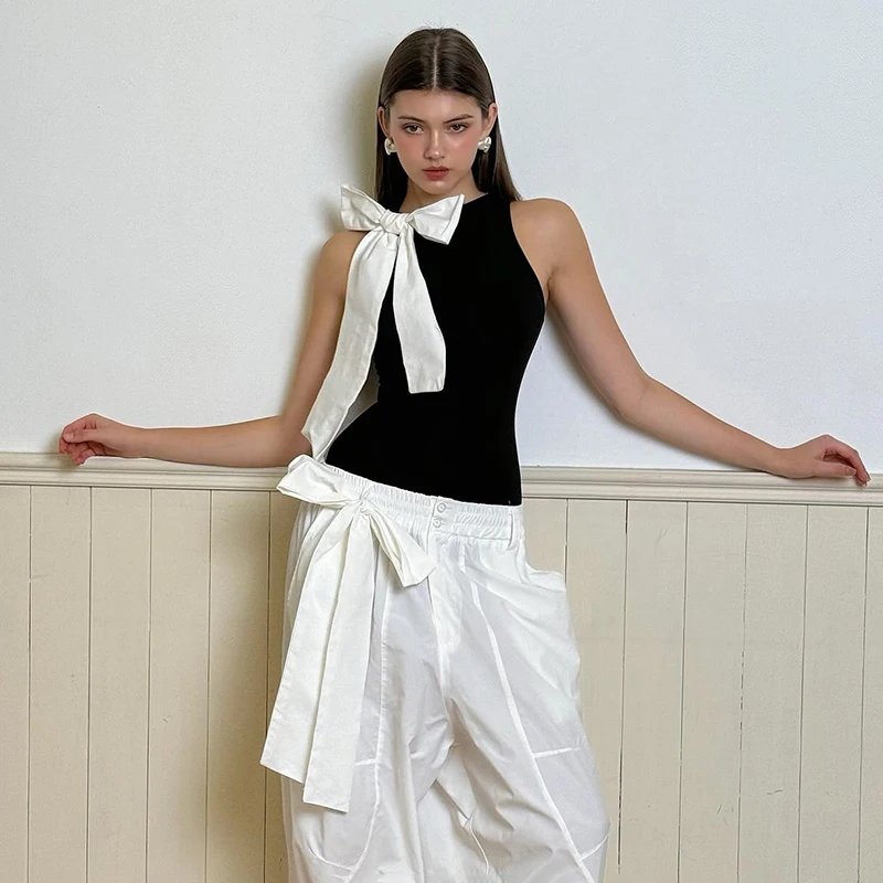 Fashion Slim Fit Sleeveless High Neck One Line Shoulder Bow Bodysuit - Women's Sexy Versatile Pullover
