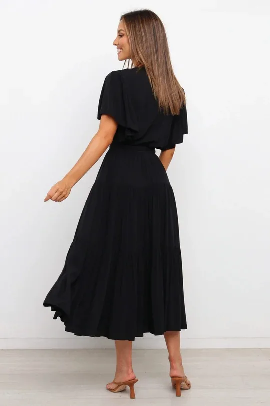 Trendy Solid Color Ruffles Long Dresses Women Sexy V-neck Ruffle Sleeves Leace-up Temperament Elegant Lady Dress 2025 Summer New 21 undefined