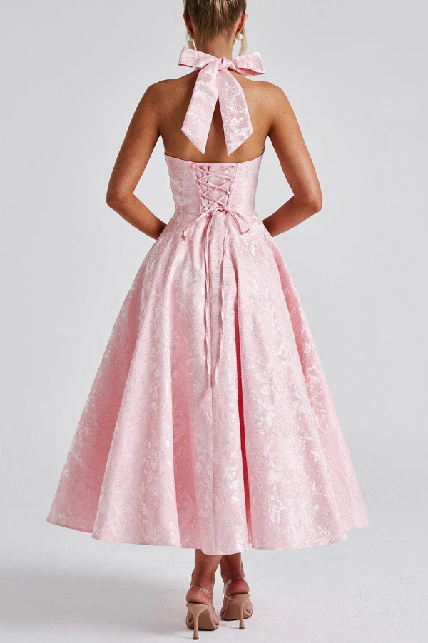 Stylish Jacquard Halter Neck Fitted Waist Open Back Elegant Midi Dress