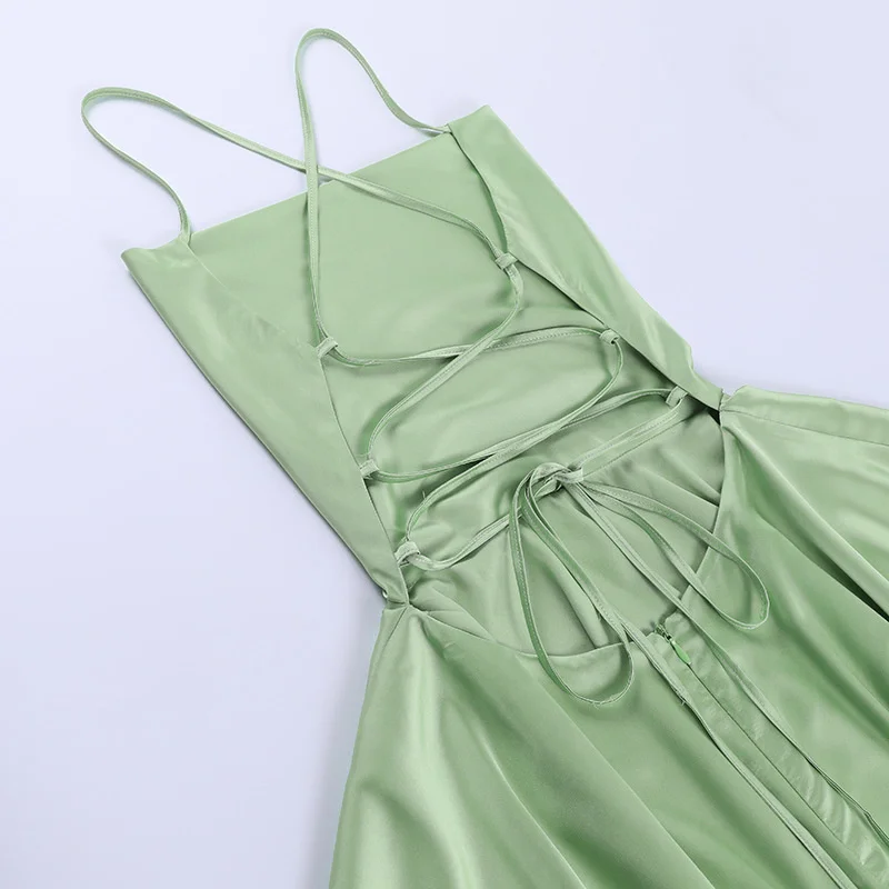 Ootddress Satin Spaghetti Strap Mini Dress For Women Robe New Sleeveless Backless Lace-up Short Dress Female Sexy Party Vestidos