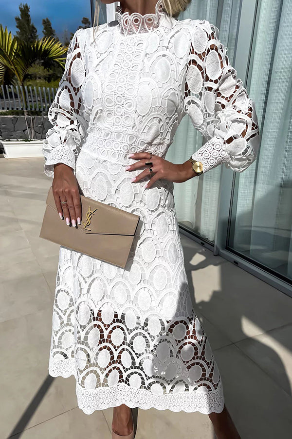 Mock Neck Lace Long Sleeve Waistband Midi Dress