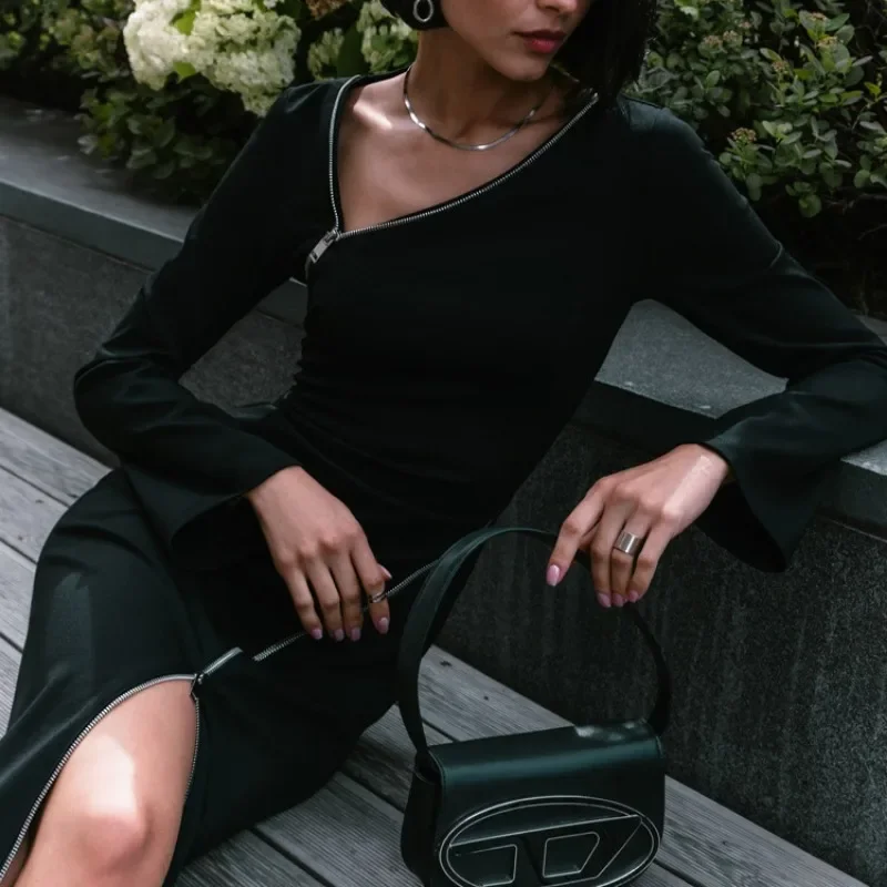 Ootddress Zipper Patchwork Black Long Dress Women Off-Shoulder High Waist Elegant Clothes Party Dress Casual Ladies Slim Maxi Dress