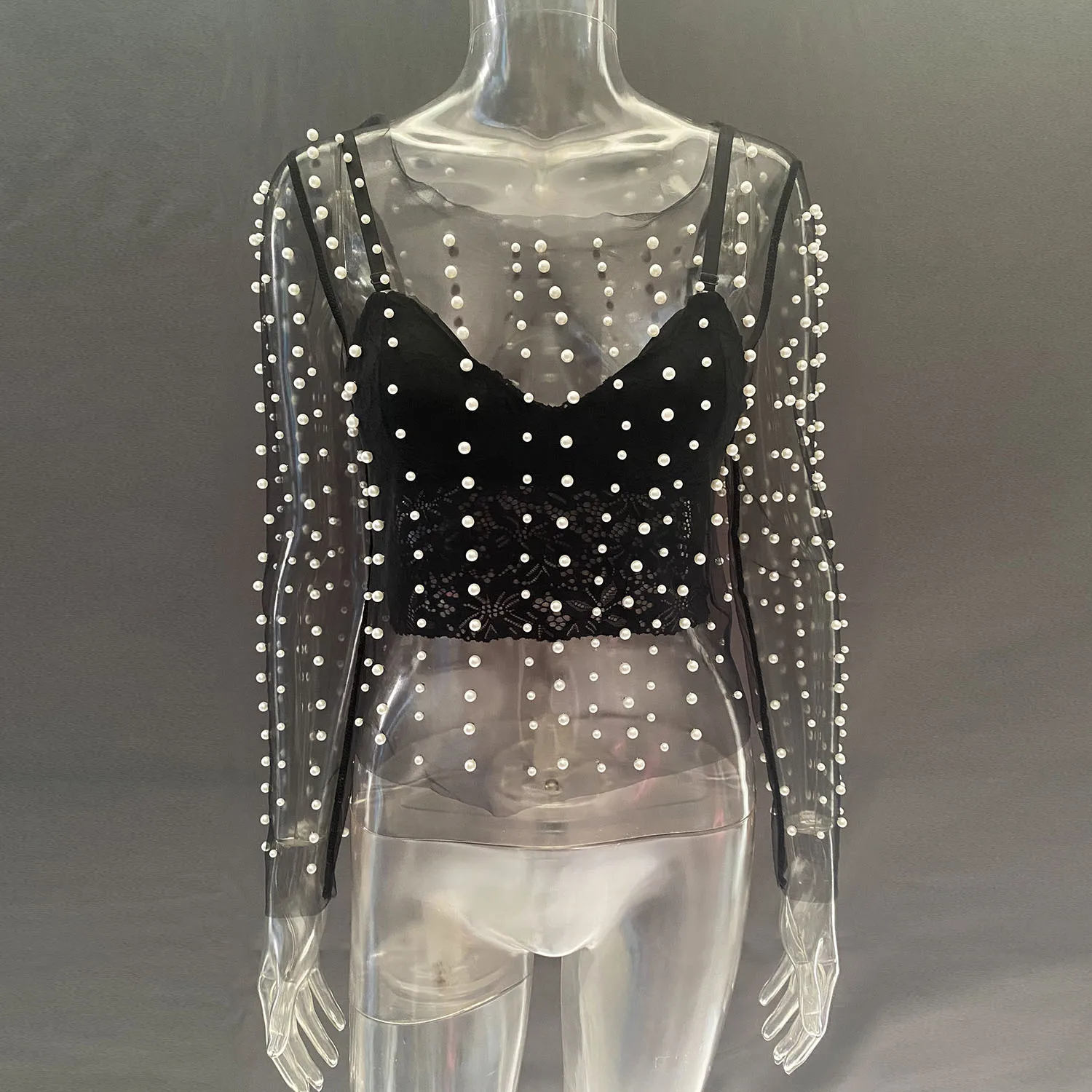 Ootddress Summer Long Sleeve Beach Top Mesh For Women Sheer Lace See-Through Crop top Pearls Cover up Slim Nude sexy Party Outfits