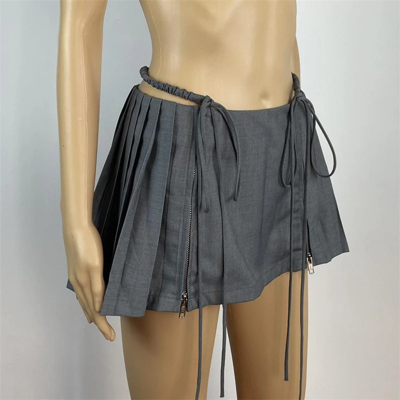 Ootddress New Y2k Mini Skirts 90s Cute Streetwear Casual Grey Pleated Skirts With Belt Hot Zipped A-Line Women Short Skirt Summer